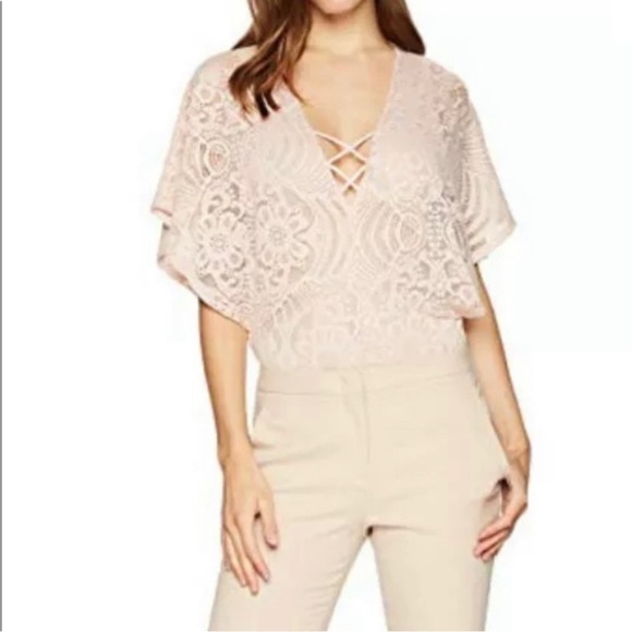 BCBG Maxazria Beats Flutter Sleeve Lace-Up Front Lace Bodysuit - Picture 5 of 16